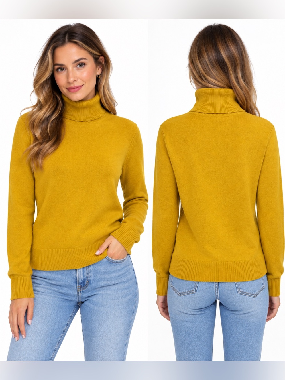 JOHN HENRIC Yellow Turtleneck 100% cashmere Sweater Large